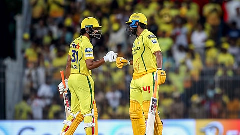 Chennai Super Kings' Urvil Patel and skipper Ruturaj Gaikwad celebrate their partnership during the Indian Premier League 2026 match against Lucknow Super Giants at MA Chidambaram Stadium in Chennai on Sunday, May 10, 2026.