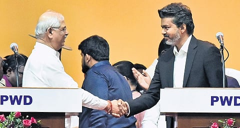 Tamil Nadu Governor Rajendra Arlekar greeting Chief Minister Joseph Vijay on May 10, 2026.