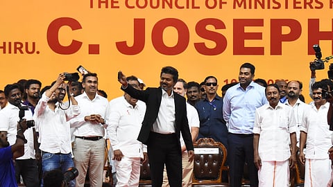 Tamilaga Vettri Kazhagam (TVK) chief C Joseph Vijay takes oath as the Tamil Nadu Chief Minister during the swearing-in ceremony, at Jawaharlal Nehru Stadium, in Chennai.