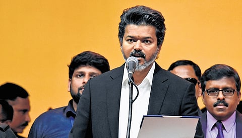 TVK president and Chief Minister of Tamilnadu C Joseph Vijay during the swearing in ceremony held at Nehru indoor stadium on May 10, 2026.