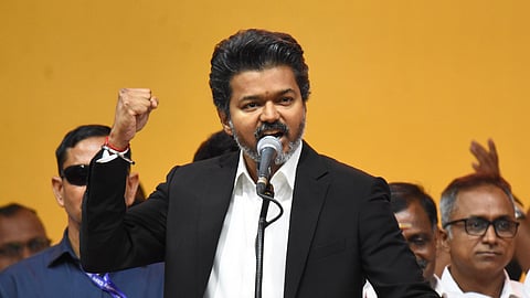 TVK president and Chief Minister of Tamilnadu C Joseph Vijay during the swearing in ceremony held at Nehru indoor stadium on May 10, 2026.