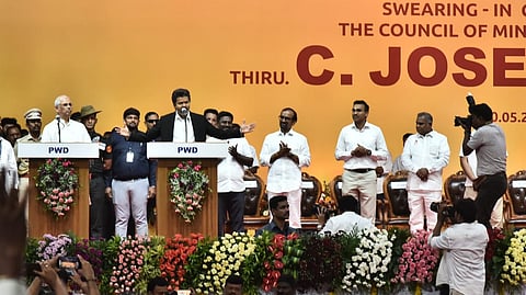 ctor turned TVK President C. Joseph Vijay being administered oath as Chief Minister by the Governor Rajendra Vishwanath Arlekar, at a function held at Nehru Indoor Stadium, in Chennai on Sunday.