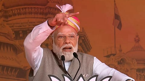 Prime Minister Narendra Modi addresses the BJP workers during a rally, in Bengaluru, Karnataka.