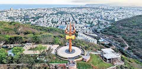 The 65-foot Trishul atop Kailasagiri in Visakhapatnam, inaugurated by MA&UD Minister P Narayana on Saturday I Express