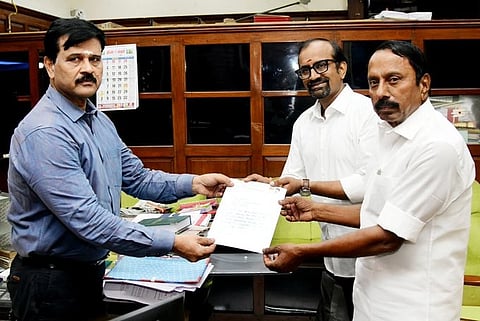 TVK senior leaders KA Sengottaiyan and P Venkataramanan handed over the letter from Vijay to Assembly Secretary K Srinivasan.