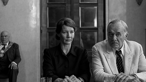 This image released by Mubi shows Sandra Hüller, left, and Hanns Zischler in a scene from "Fatherland."
