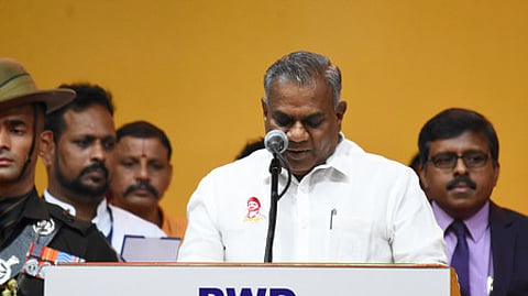 In this photo from May 10, 2026, TVK general secretary and Tamil Nadu minister Bussy N Anand during the swearing-in ceremony of the cabinet at the Nehru Stadium, Chennai.