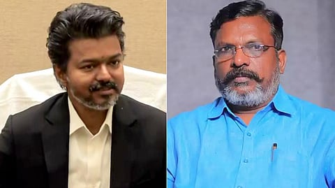 Tamil Nadu Chief Minister C Joseph Vijay (L) and VCK Founder-President Thol. Thirumavalavan.
