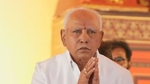 Former CM BS Yediyurappa greets the audience during the Abhimanotsava in Chitradurga on Saturday.