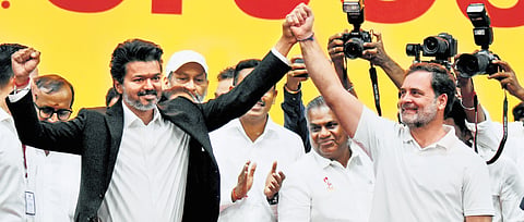 TVK founder-president and TN Chief Minister C Joseph Vijay along with Congress leader Rahul Gandhi during the swearing-in ceremony in Chennai on Sunday.
