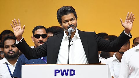 Newly-elected Tamil Nadu Chief Minister and TVK chief C Joseph Vijay addresses the gathering during his swearing-in ceremony at Jawaharlal Nehru Stadium in Chennai, Sunday, May 10, 2026.