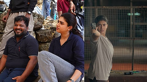 Sarkunam and Dushara on the sets of Exam; A still from Exam