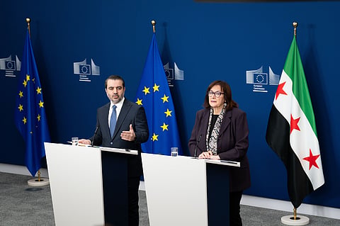 European Commissioner for the Mediterranean Dubravka Suica, right, and Syrian Minister of Foreign Affairs Asaad Hassan Al-Shaibani address a media conference following the meeting of the Syria Partnership Coordination Forum in Brussels, Monday, May 11, 2026.