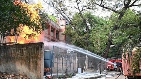 Fire tenders try to douse the fire inside the Transformer at Doordarshan Bhawan in New Delhi on Saturday May 9, 2026.