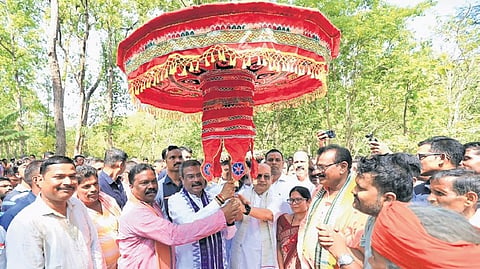 Union Minister Pradhan at Bhima Mandali in Sambalpur on Sunday.