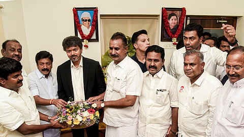 Tamil Nadu Chief Minister C Joseph Vijay with AIDMK leaders CV Shanmugam, SP Velumani and others during a meeting, in Chennai, Tuesday, May 12, 2026.