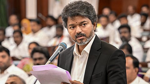 Tamil Nadu Chief Minister C Joseph Vijay addresses the Assembly as TVK MLAs JCD Prabhakar and M Ravishankar take the charge as state Assembly Speaker and Deputy Speaker respectively, in Chennai.