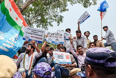 National StudentsÂ’ Union of India (NSUI) members stage a demonstration against the National Testing Agency (NTA) over alleged paper leak concerns following the cancellation of the NEET-UG 2026 examination, outside Shastri Bhawan, in New Delhi, Tuesday, May 12, 2026.