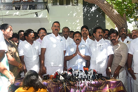 AIADMK senior leaders SP Velumani and C Ve Shanmugam address a press conference at Shanmugam''s residence, in MRC Nagar.