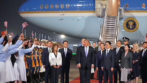 President Donald Trump arrives on Air Force One, Wednesday, May 13, 2026, at Beijing Capital International Airport in Beijing.