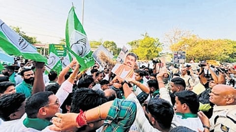 BYJD and BCJD activists protest at the Vani Vihar square against NEET exam question paper leak.