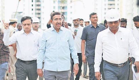 MA&UD minister P Narayana inspects the ongoing works of MLAs and MLCs quarters in Amaravati on Tuesday.