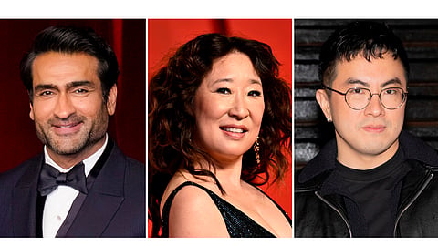 This combination of images shows actors, from left, Kumail Nanjiani, Sandra Oh, and Bowen Yang