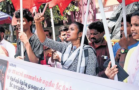 Members of the All India Students’ Federation (AISF) staging a protest at the Mint Clock Tower in Chennai on Wednesday, demanding the abolition of NEET.