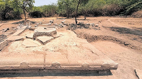 The roof of an ancient temple unearthed by a team from ASI near the Jain temple complex in Hampi on Thursday.