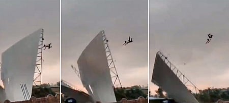 Screengrabs from the video showing the Bareilly man being flung nearly 50 ft into the air along with a tin roof