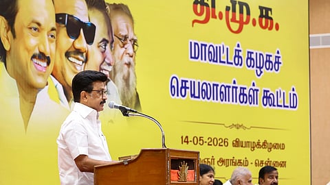 DMK President MK Stalin during a meeting of the party's district secretaries, in Chennai, Thursday, May 14, 2026.
