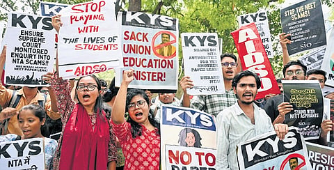 Students stage protest against the NTA at Jantar Mantar on Thursday.