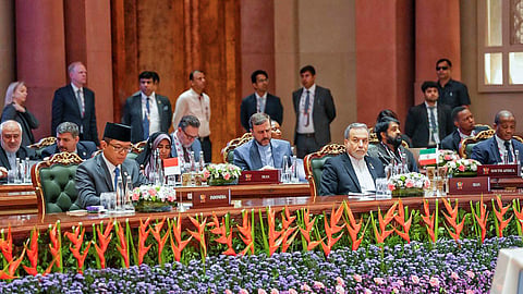 Iranian Foreign Minister Abbas Araghchi, Indonesian Foreign Minister Sugiono, and other dignitaries during the BRICS Foreign Ministers’ Meeting 2026 at Bharat Mandapam in New Delhi on Thursday, May 14, 2026.