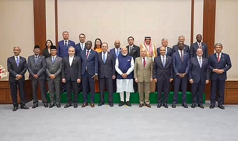 In this image received on May 14, 2026, Prime Minister Narendra Modi, centre, Russian Foreign Minister Sergey Lavrov and others during the BRICS Foreign Ministers' Meeting, in New Delhi.