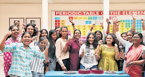 Students of Cotton Hill Government Girls HSS, Thiruvananthapuram, celebrate their success in the SSLC examination.