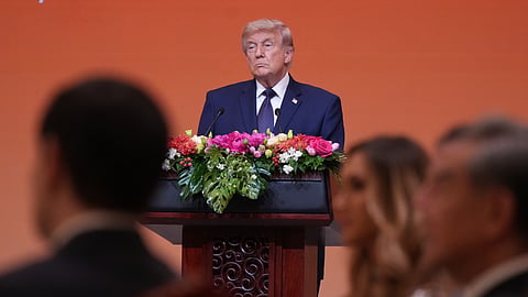 President Donald Trump speaks during a state dinner with China's President Xi Jinping at the Great Hall of the People on Thursday May 14, 2026, in Beijing.