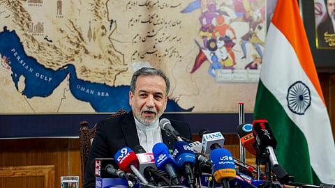 Iranian Foreign Minister Abbas Araghchi addresses a press conference during his visit to India, in New Delhi, Friday, May 15, 2026.