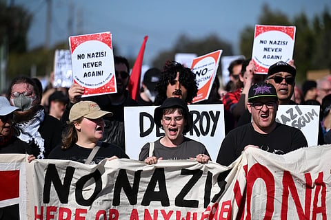 Protesters march during a “Drive the Nazis out of Melbourne” protest in Melbourne, Sept. 23, 2023.