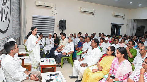Former West Bengal CM and TMC chief Mamata Banerjee speaks during a meeting with the party's contesting candidates at Kalighat, in Kolkata, on Friday, May 15, 2026.