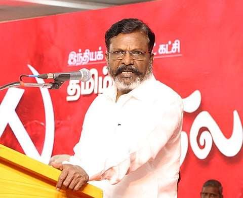 Viduthalai Chiruthigal Katchi (VCK) General Secretary Thol Thirumavalavan speaking at a meeting held in Salem.