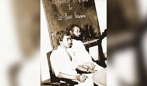VD Satheesan with Fr Austin Mulerikal, attending a discussion at SH College, Thevara, in 1984.