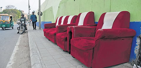 A sofa set dumped on a footpath on Netaji Road. With the new app, such bulky items will be collected by BSWML from your doorstep for scientific disposal