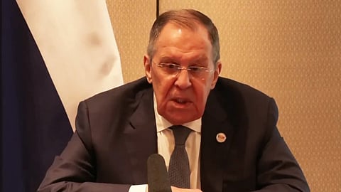 Russian Foreign Minister Sergey Lavrov addressing a media briefing after a meeting of BRICS foreign ministers
