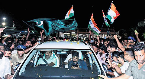 District Congress leaders and workers accord a warm reception to CM-designate V D Satheesan at Kochi airport on Friday evening.