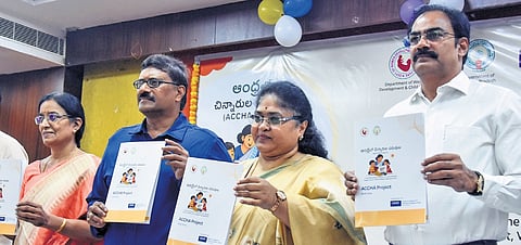 Women & Child Welfare Principal Secretary Surya Kumari and other officials at the launch of Andhralo Chinnarula Chaduvulu project in Vijayawada.
