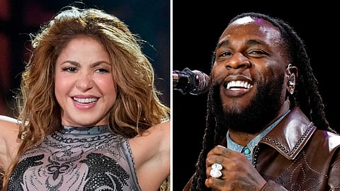 Shakira performs during the Global Citizen Festival in New York on Sept. 27, 2025, left, and Burna Boy performs during the Glastonbury Festival in Somerset, England, on June 30, 2024.