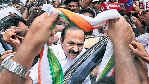 V D Satheesan arriving at Indira Bhavan in Thiruvananthapuram.