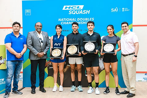 (From L) Amit Paladhi, HCL, Chief Guest Dr. R. Natarajan, IRS, Joshna Chinappa, Velavan Senthilkumar, Abhay Singh, Rathika Seelan, Cyrus Poncha