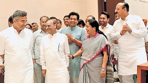 CM Rekha Gupta with BJP legislators on Friday (left) and PWD minister Parvesh Verma.