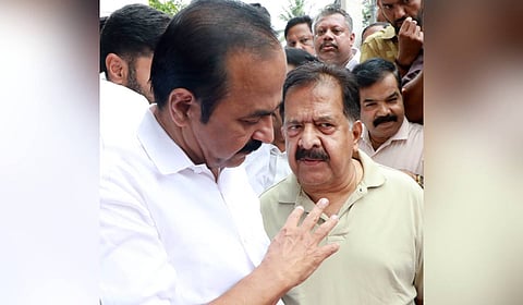 VD Satheesan having a chat with senior Congress leader Ramesh Chennithala at the latter’s residence in Thiruvananthapuram.